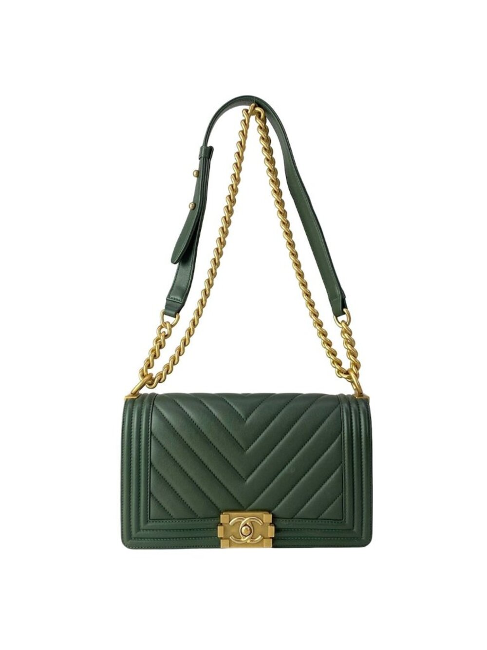 Chanel Shoulder Bag Boy Quilted Dark Green Vintage Gold Chain Leather